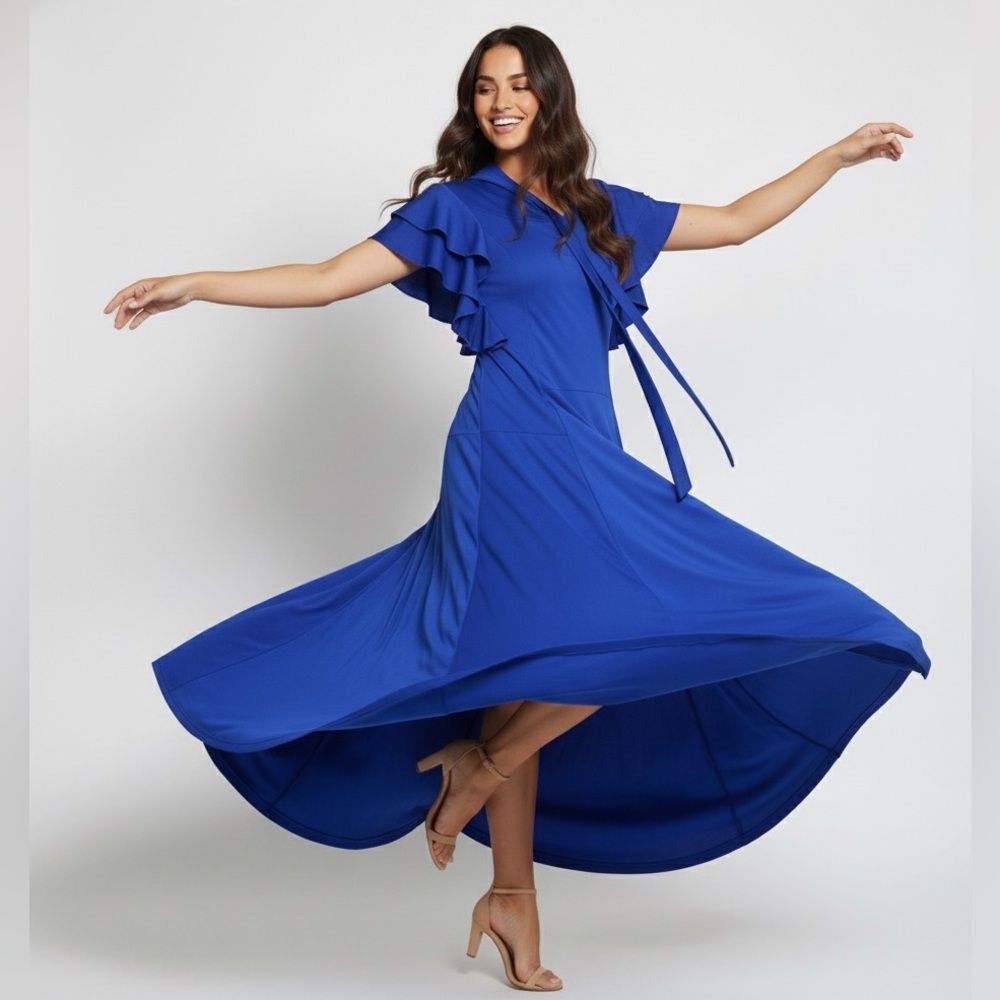 Dance Innovations Royal Blue Performance Dress, Flowy Ruffle Sleeve, NWT size AM
